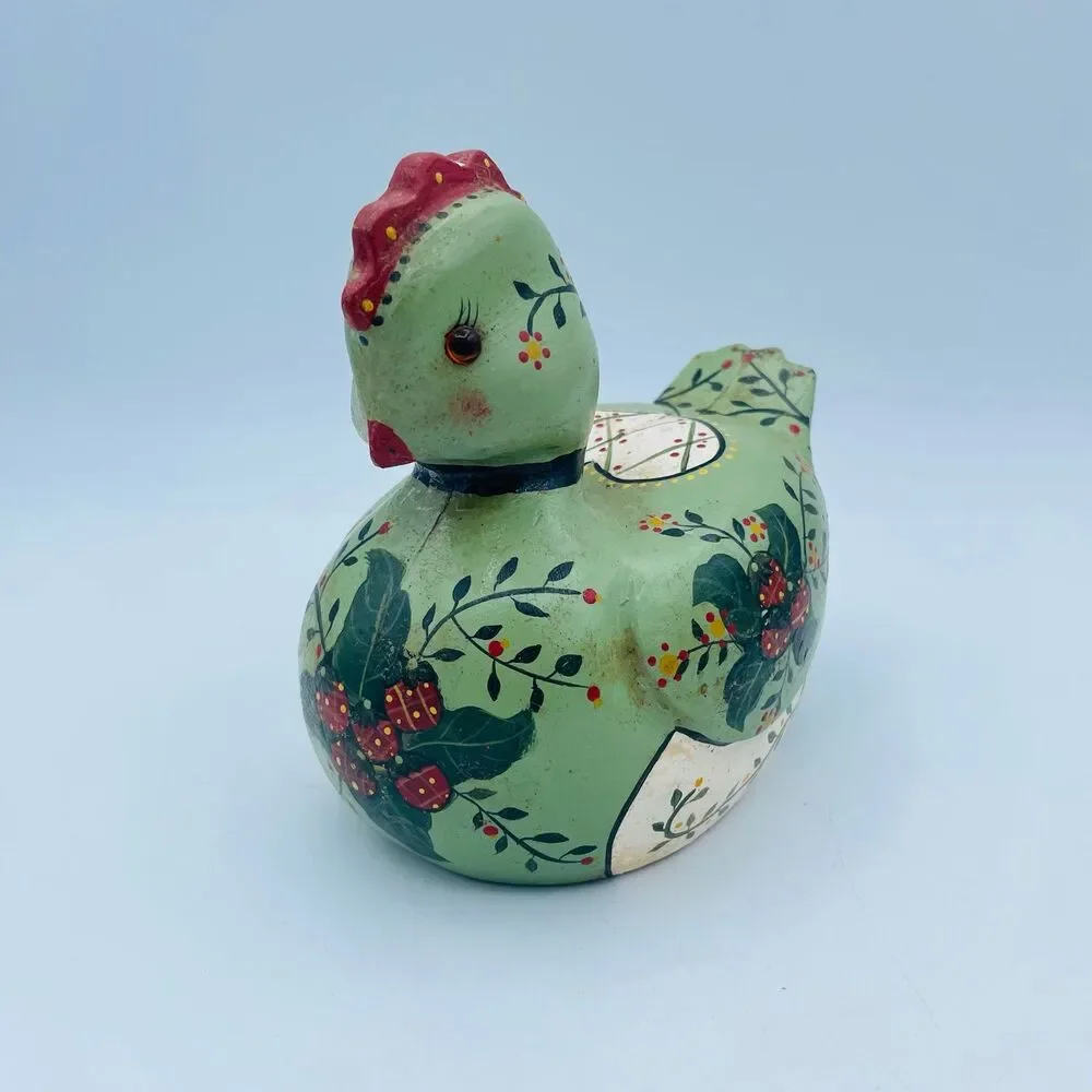 Vintage 1984 Hand Painted Wood 6” Hen Duck Decoy Planter Bowl Folk Art Signed M